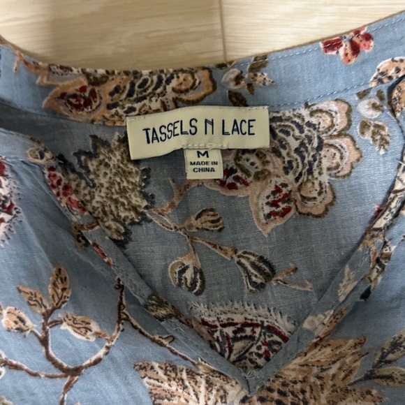 3/$10. Tassels N Lace Long Sleeve Floral Dress in Soft Blue - Picture 2 of 7